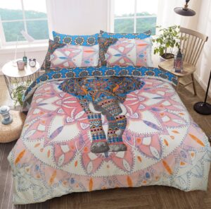 Reversible Polycotton Elephant Mandala Duvet Cover and Pillowcase Set - Pink/Blue
