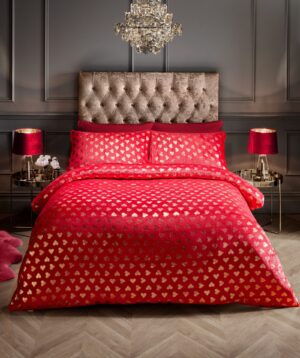 Heart Foil Duvet Cover and Pillowcase Set - Deep Red