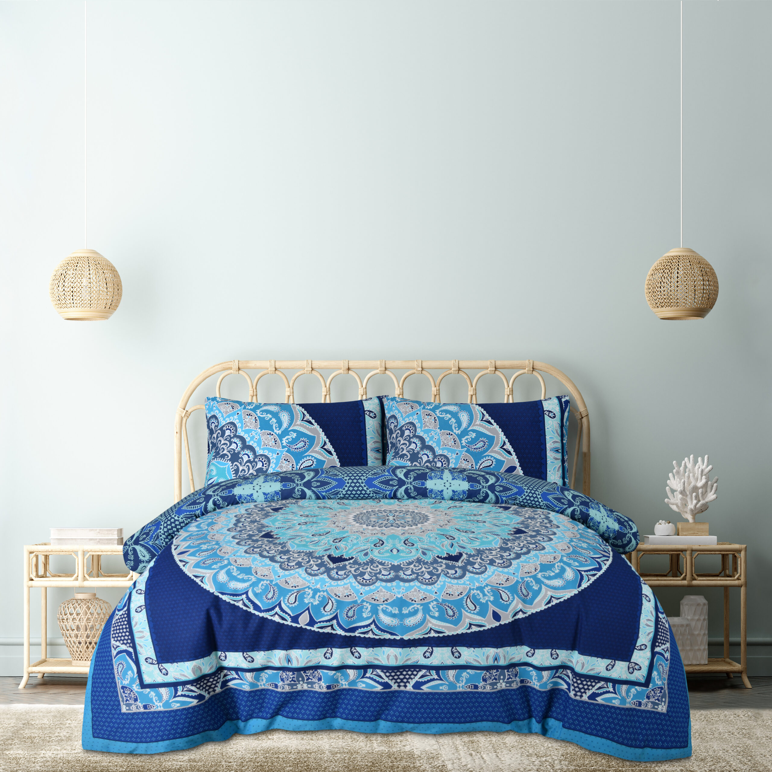Coastal boho style bedroom interior background, wall mockup, 3d
