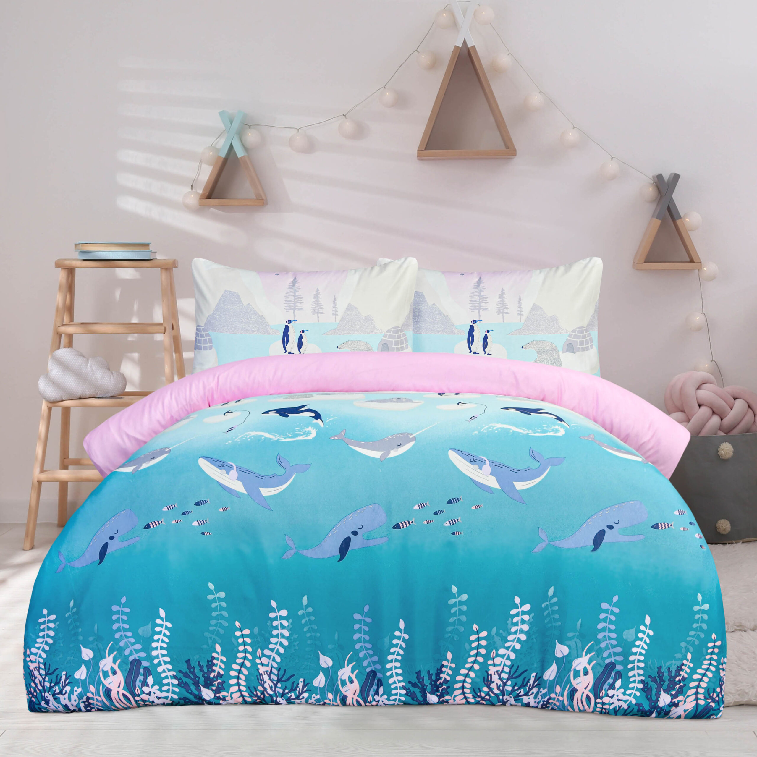 Comfortable bed with pink linens in children's room Arctic Animals duvet
