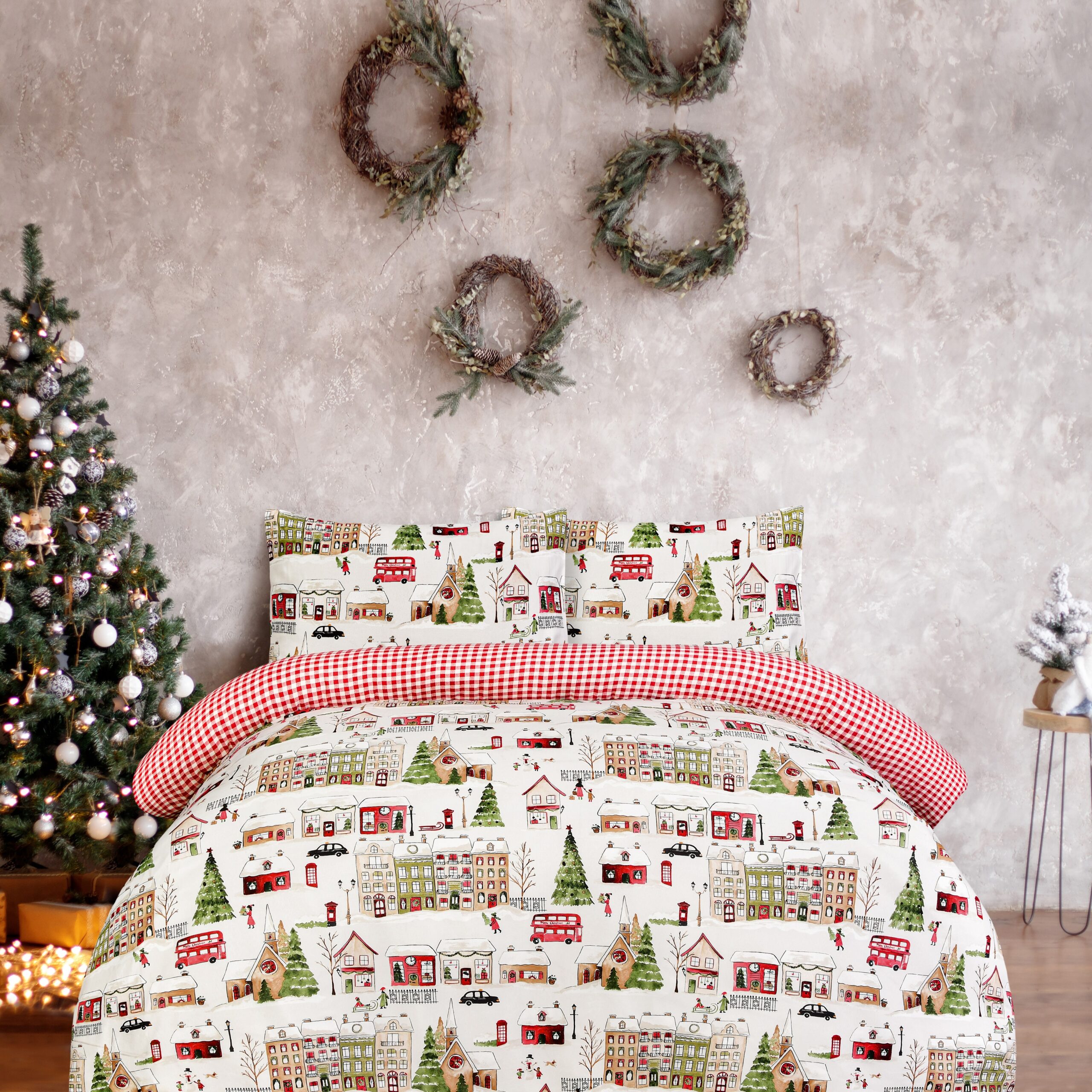 Christmas decorated bedroom interior. Cozy home moment. Concept Happy New Year Christmas Town House