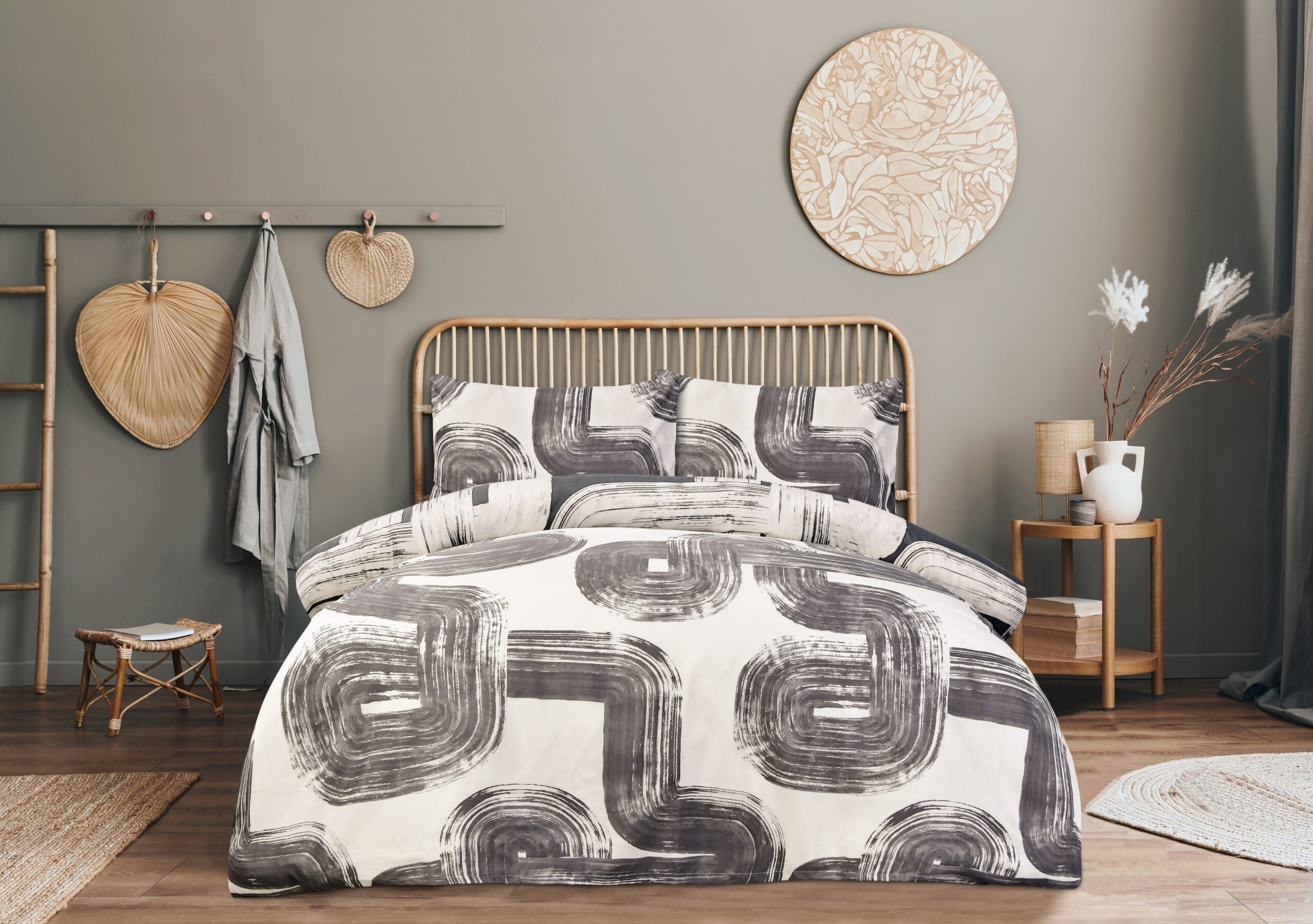 Stylish composition of bedroom interior with wooden bed, furnitu Complete