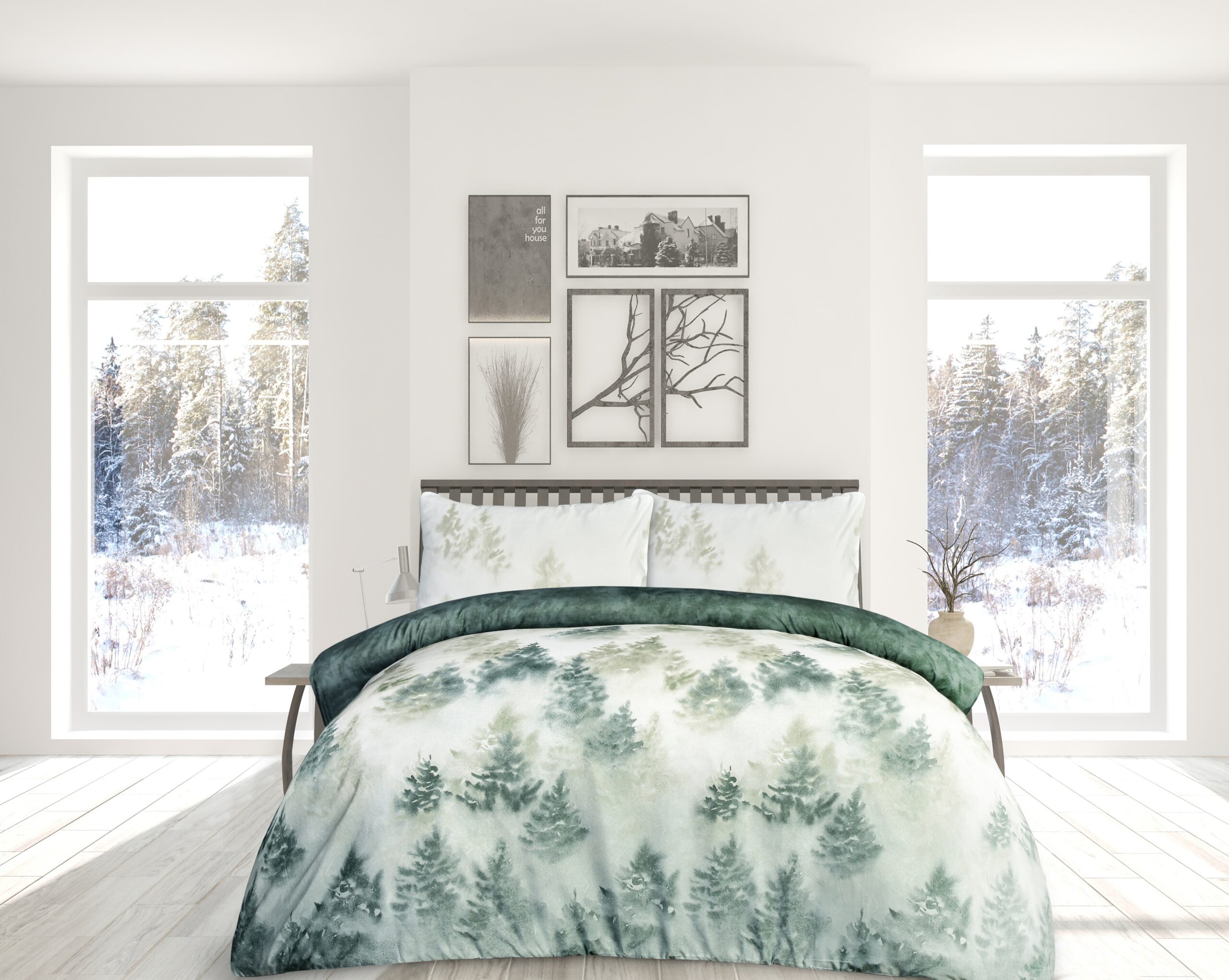White bedroom with winter landscape in window. Scandinavian inte Misty Forest