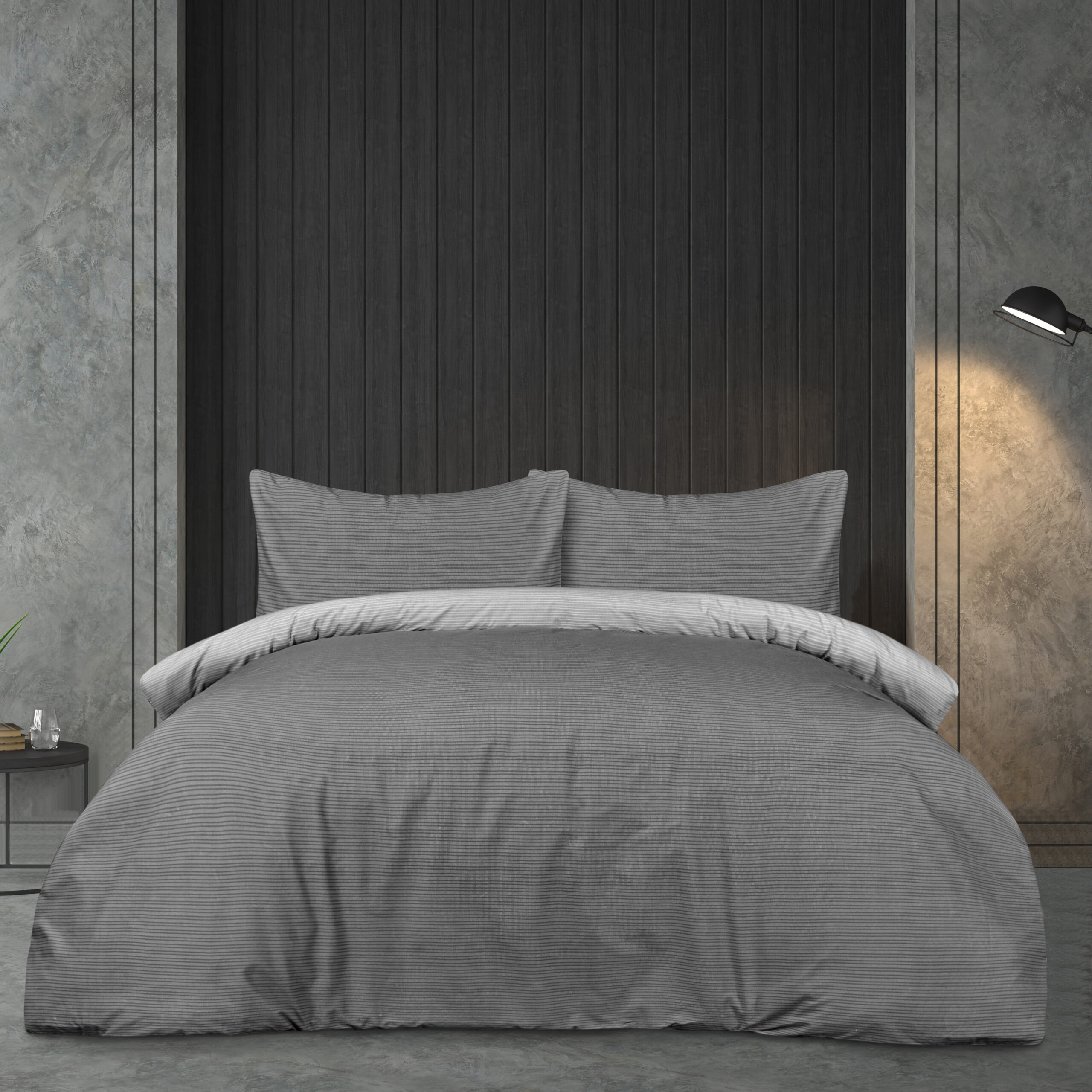 Modern loft bedroom with black wood plank 3d render,There are po Complete