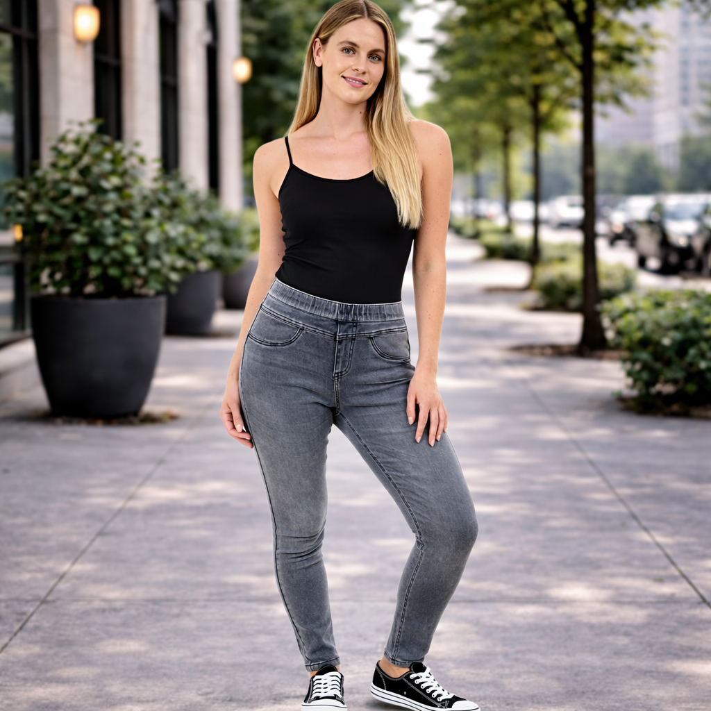 Confident woman on urban sidewalk