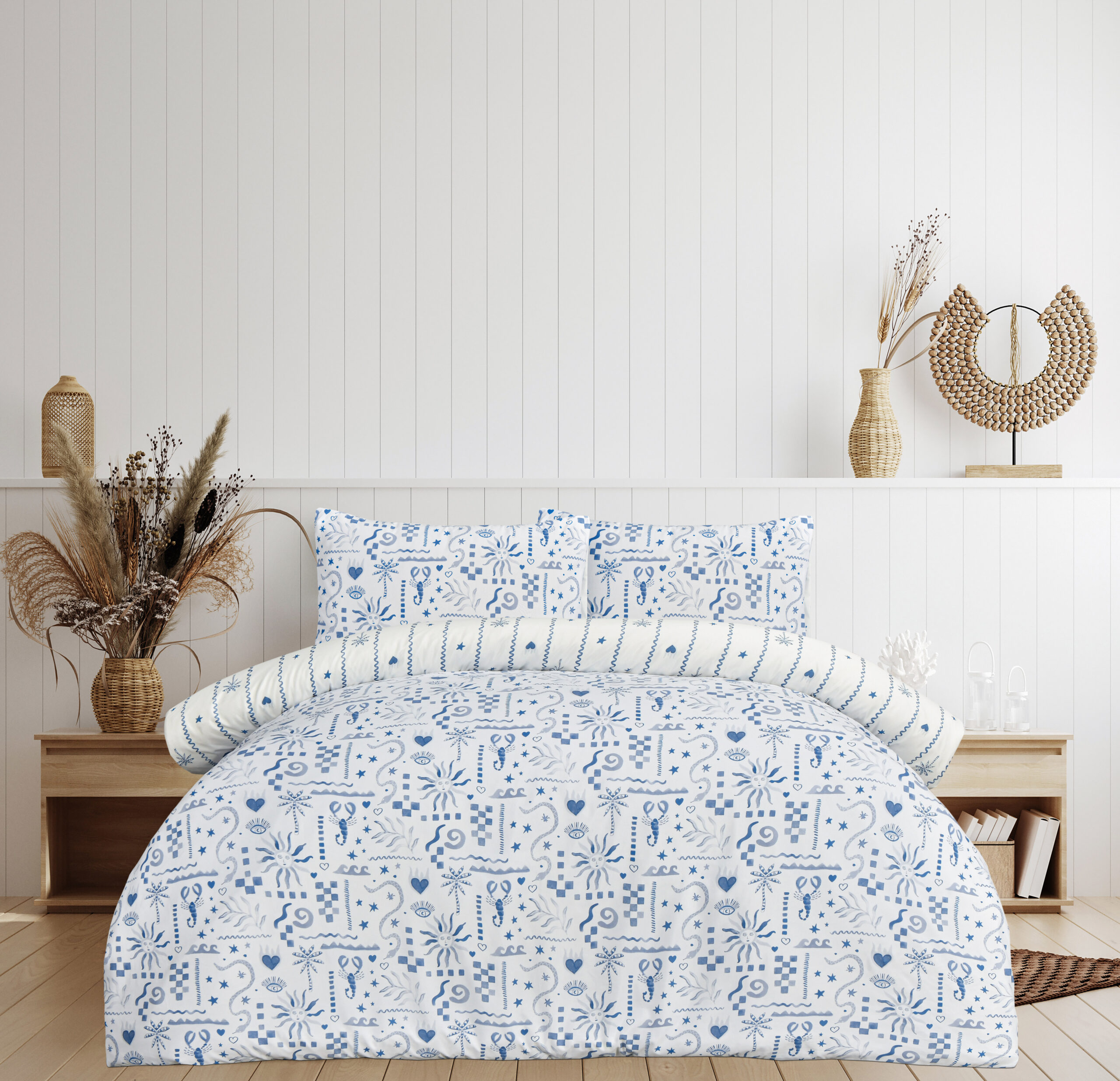 White cozy coastal bedroom interior, 3d render Duvet