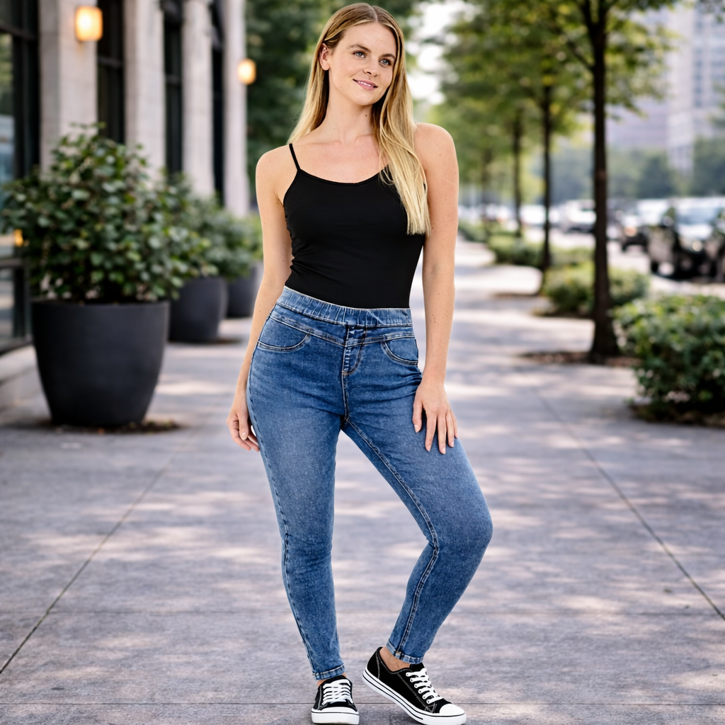 Stylish city sidewalk fashion shoot