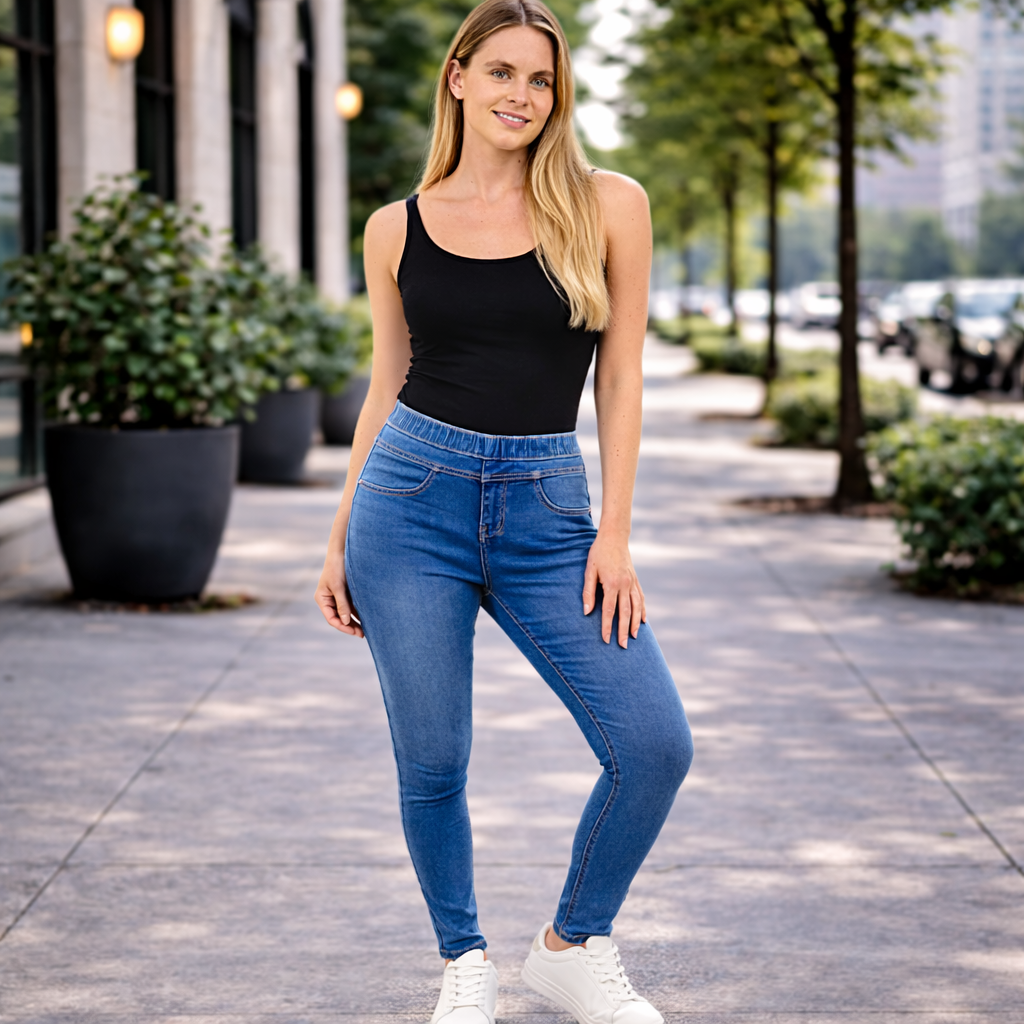 Young woman in jeans on city sidewalk