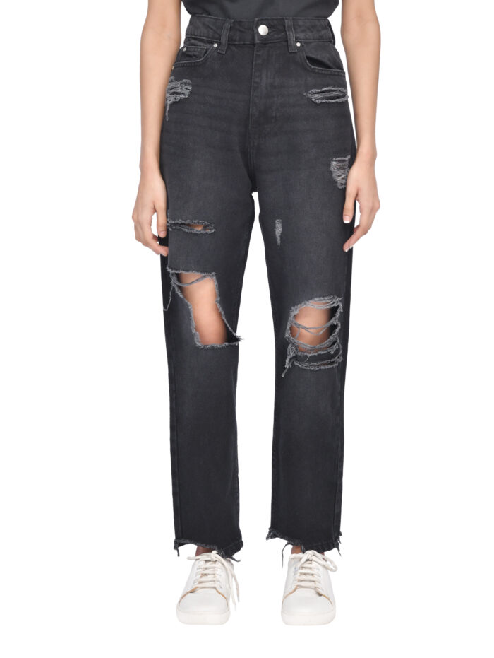 High-Waist Torn Hem Rip Mom Jeans
