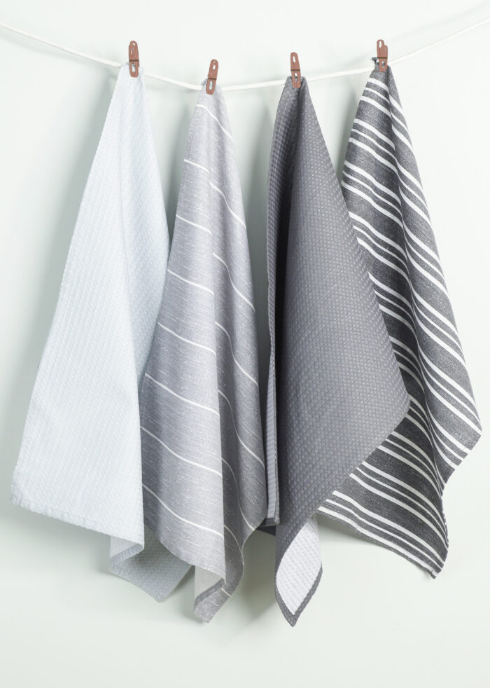Textured Stripe Printed & Waffle Tea Towels - Pack of 4 (46X65CM)