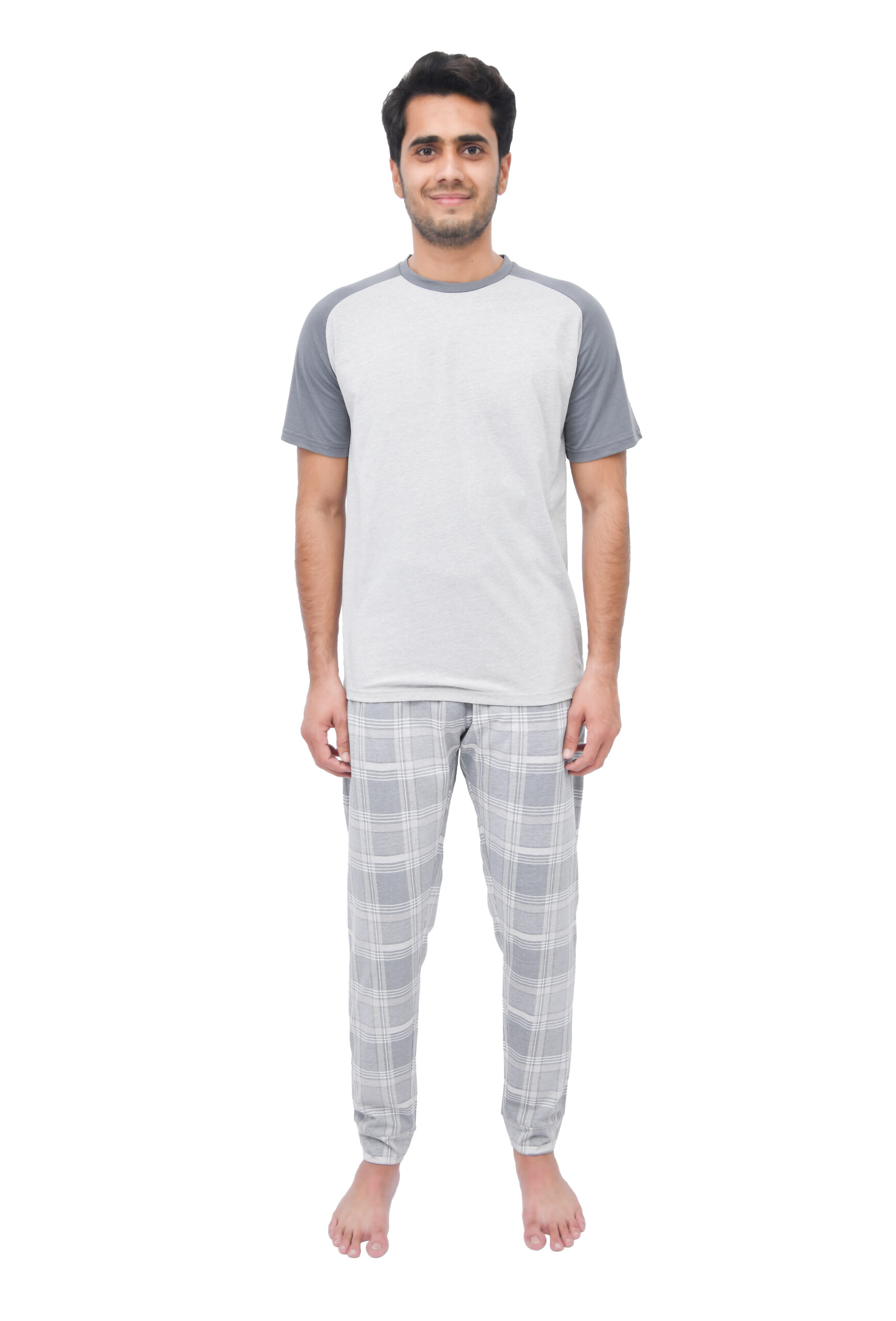 1728KMSET1142 MENS RAGLAN SS CHECK CUFFED PANT SET GREY (1)