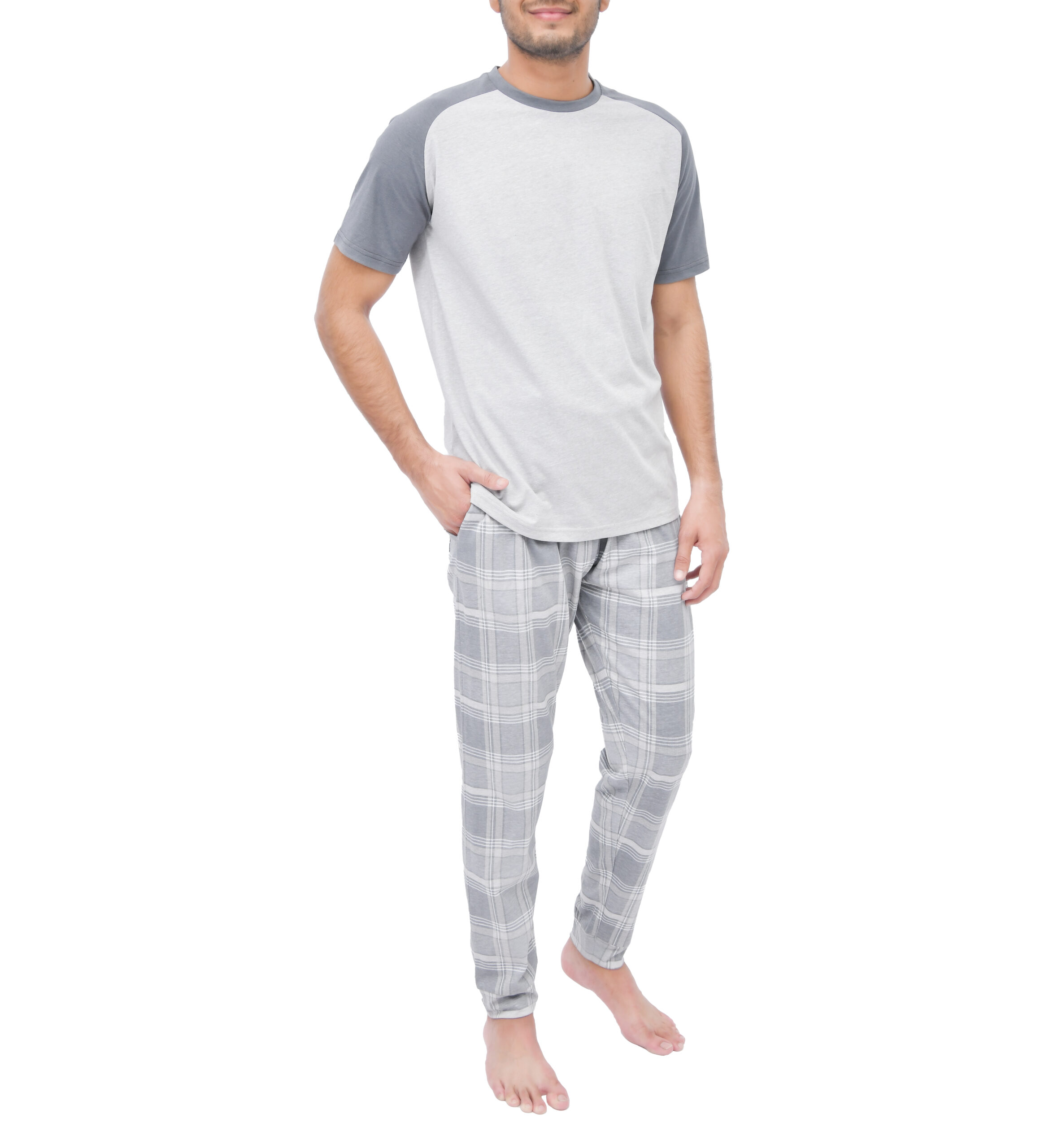 1728KMSET1142 MENS RAGLAN SS CHECK CUFFED PANT SET GREY (2)