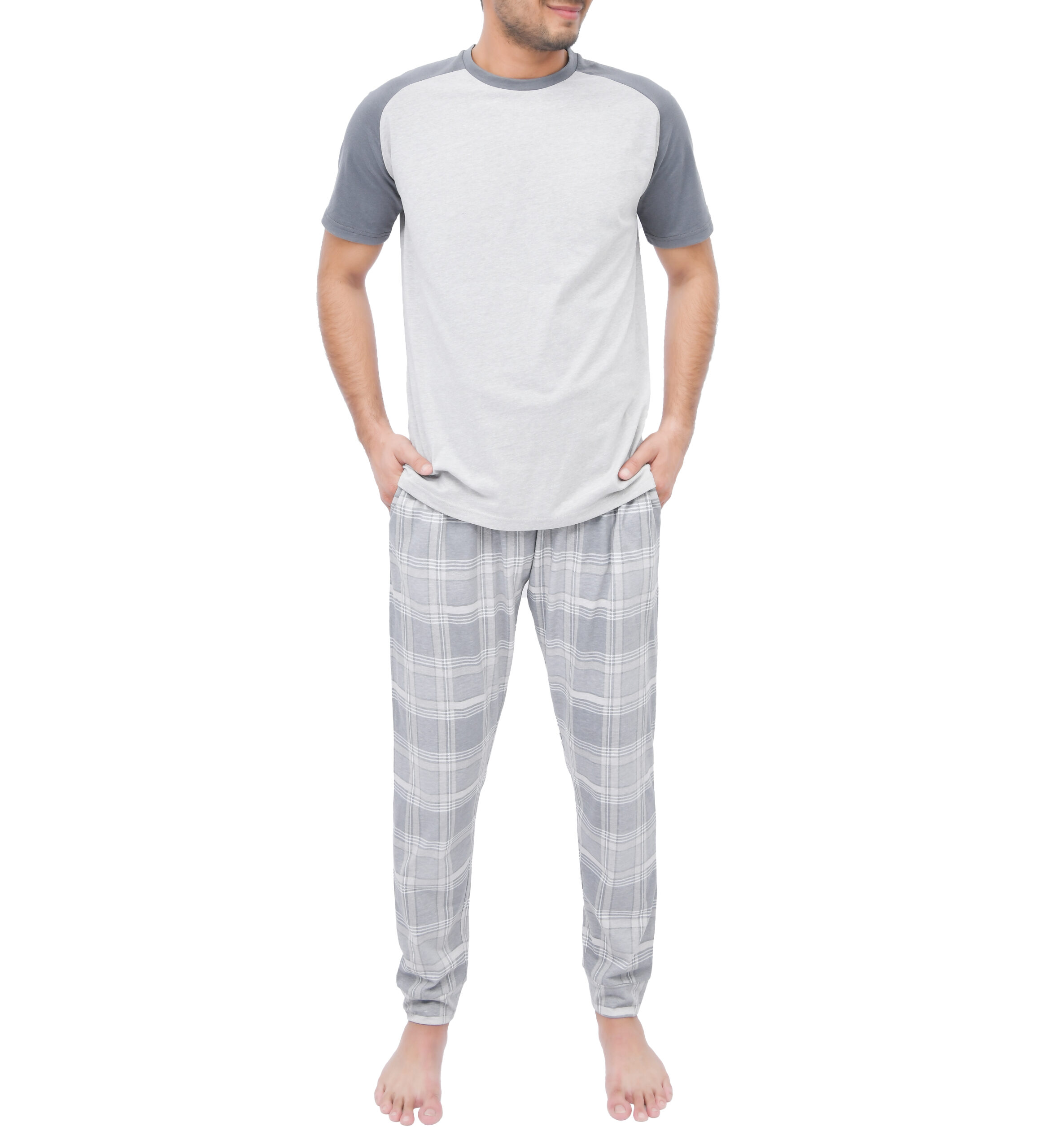 1728KMSET1142 MENS RAGLAN SS CHECK CUFFED PANT SET GREY (3) Tee/Check