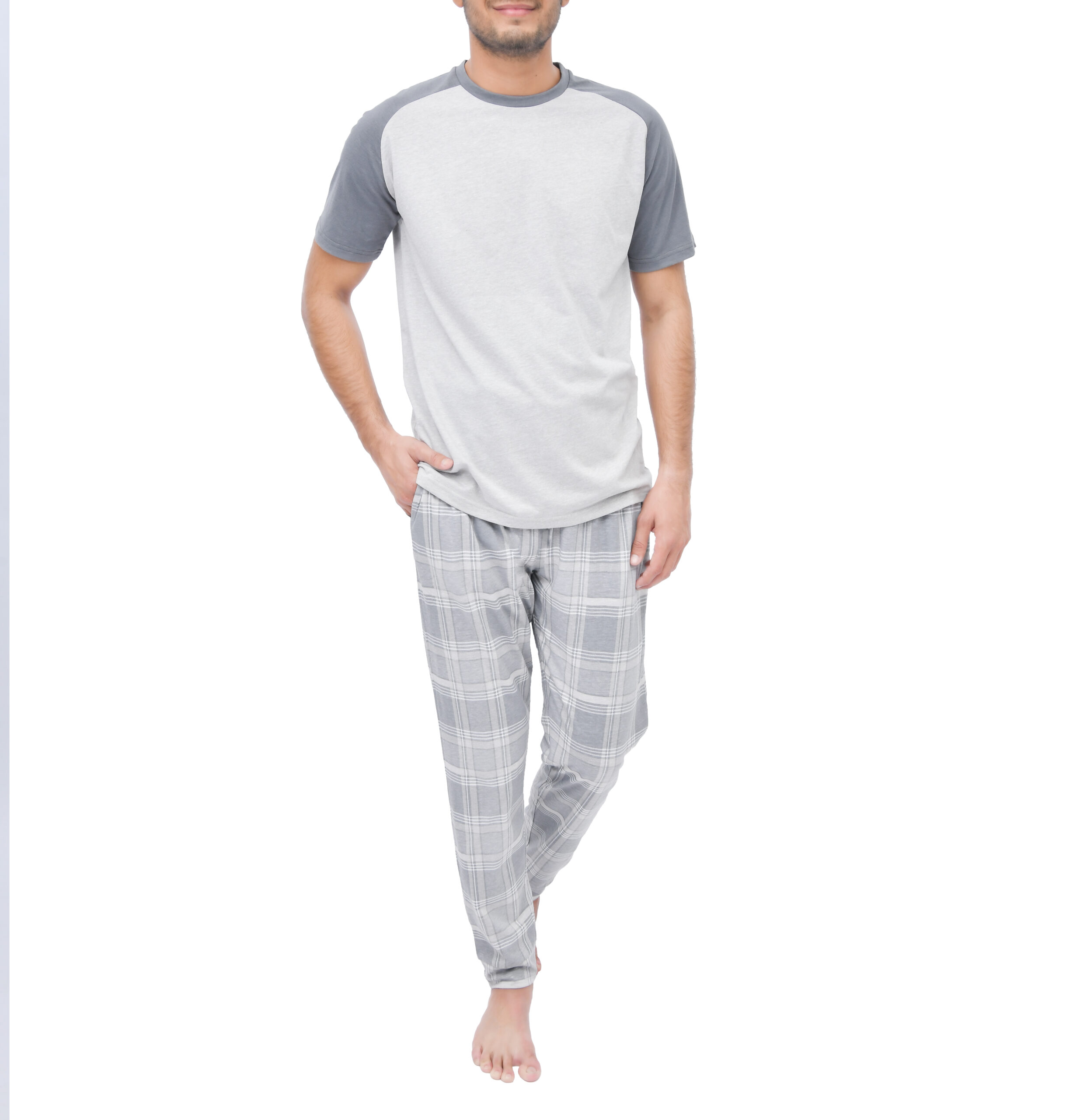 1728KMSET1142 MENS RAGLAN SS CHECK CUFFED PANT SET GREY (4)