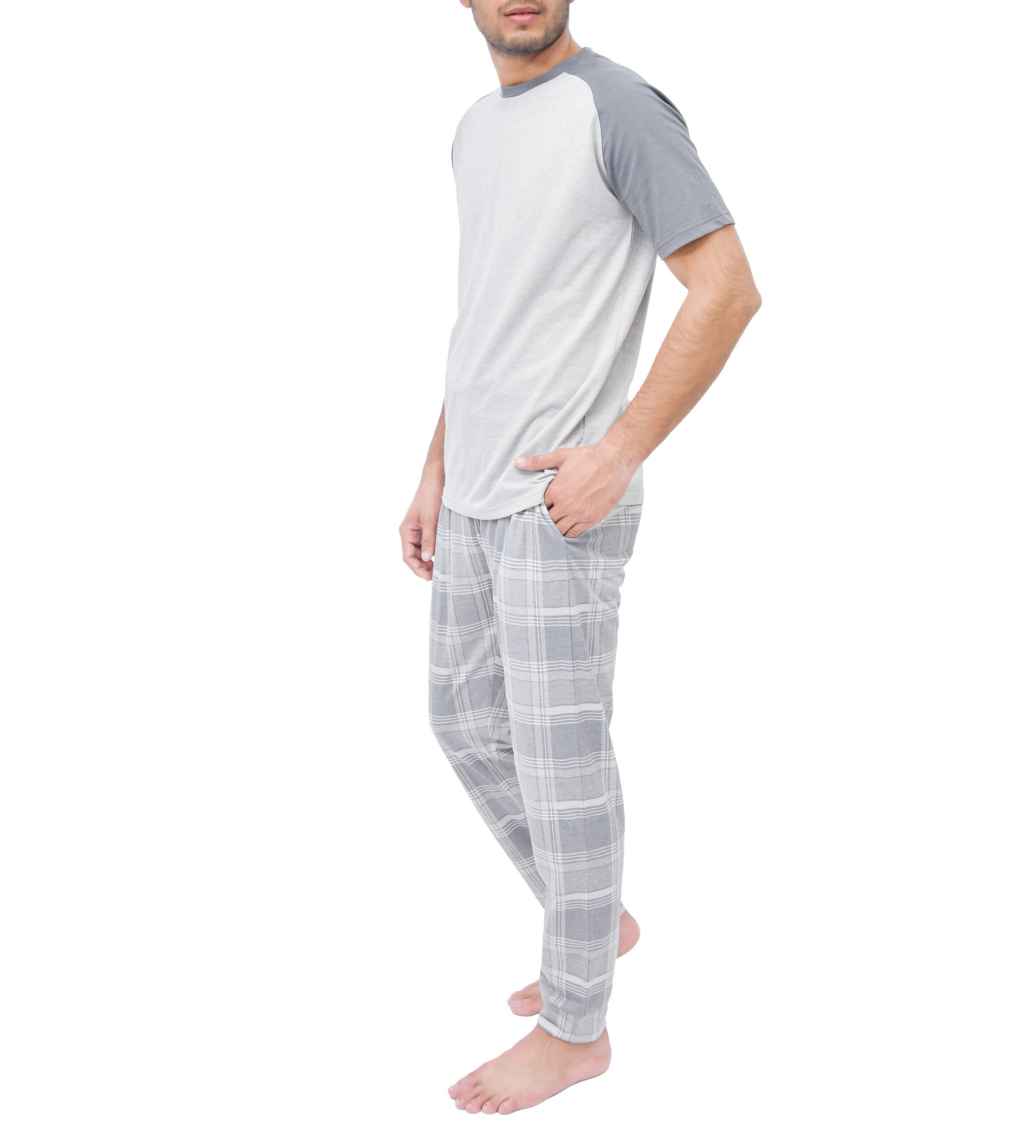 1728KMSET1142 MENS RAGLAN SS CHECK CUFFED PANT SET GREY (5)