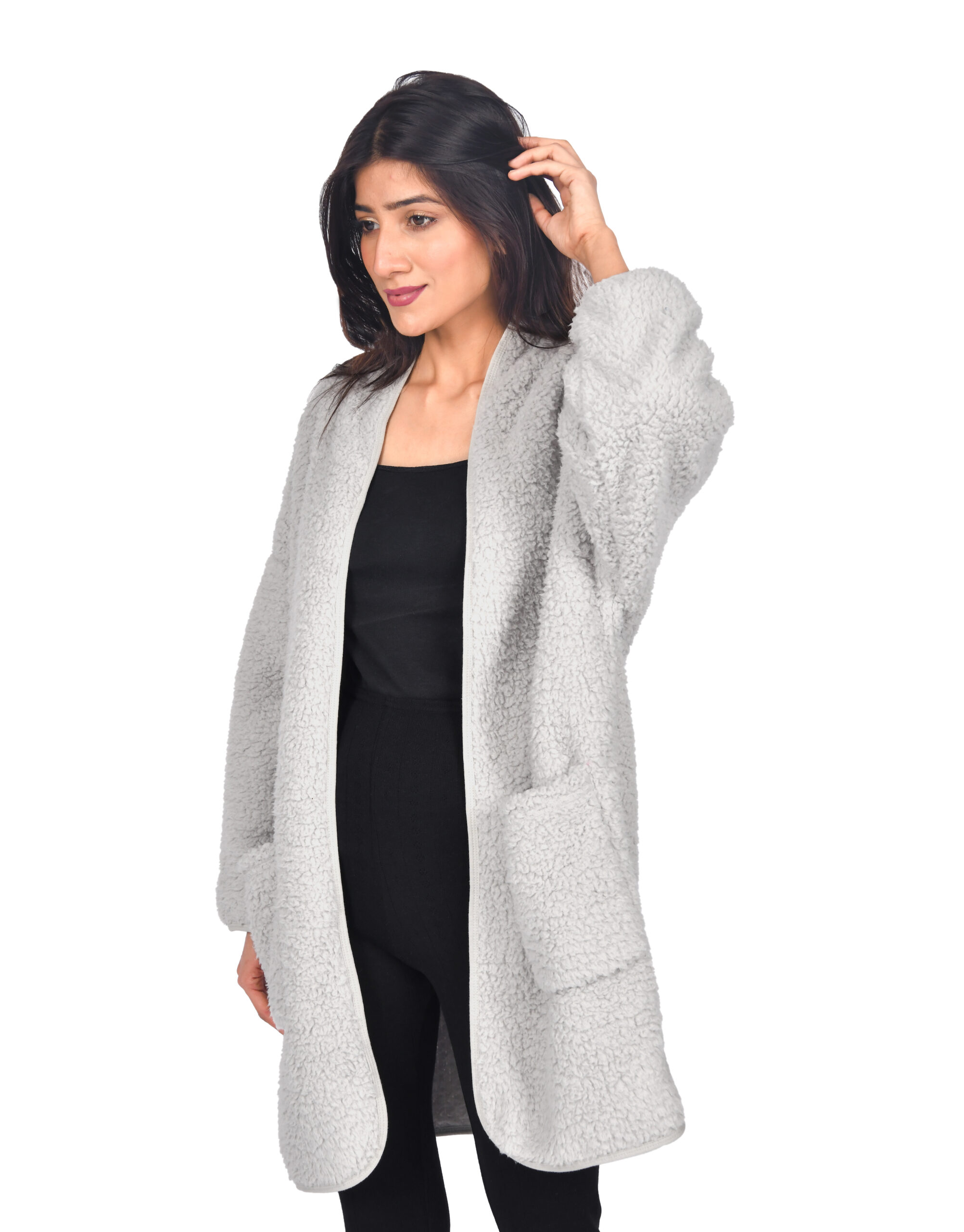 1728KLTOP1242 TEDDY FLEECE BORG LONG CARDIGAN LIGHT GREY (1)