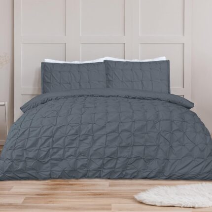 Rouched Pleat Duvet Cover With Pillowcases - Charcoal