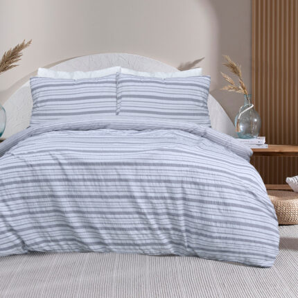 Stripe Seersucker Duvet Cover With Pillowcases - Grey