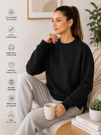 Ladies Longline Crewneck Sweatshirt – Black