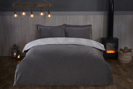 Textured Two Tone Faux Fur Duvet Cover With Pillowcases - Grey