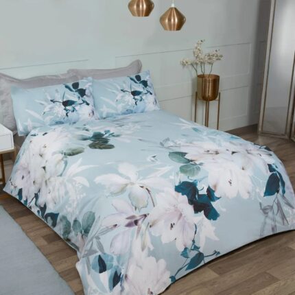 Large Floral Duvet Cover With Pillowcases - Duck Egg