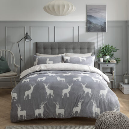 Printed Flannel Fleece Duvet Cover With Pillowcases - Grey