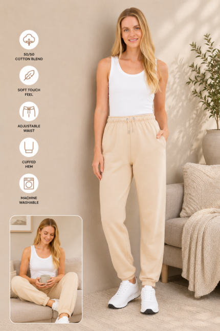 Basic Womens Cuffed Hem Jogger – Stone