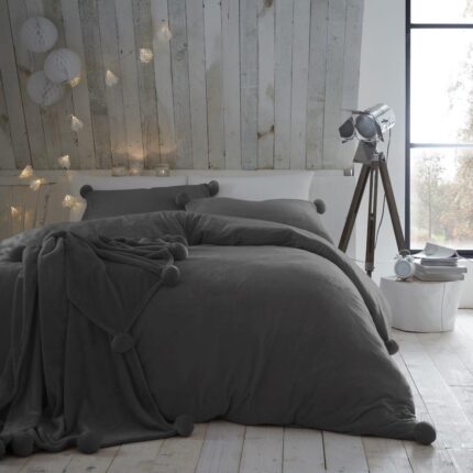 Fleece Pom Pom Duvet Set – Charcoal