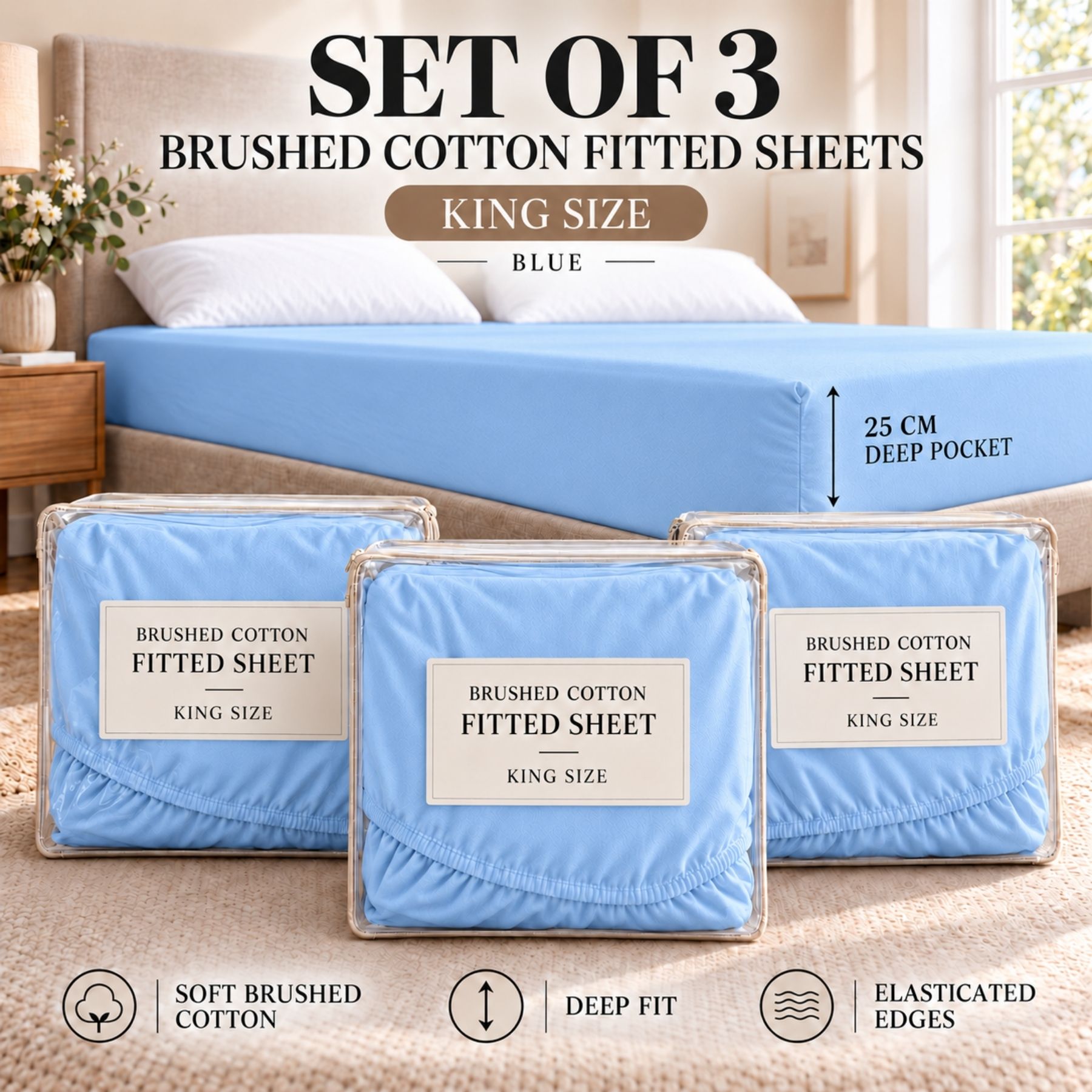 1 3 Pack Brushed Cotton Fitted Sheets - Blue