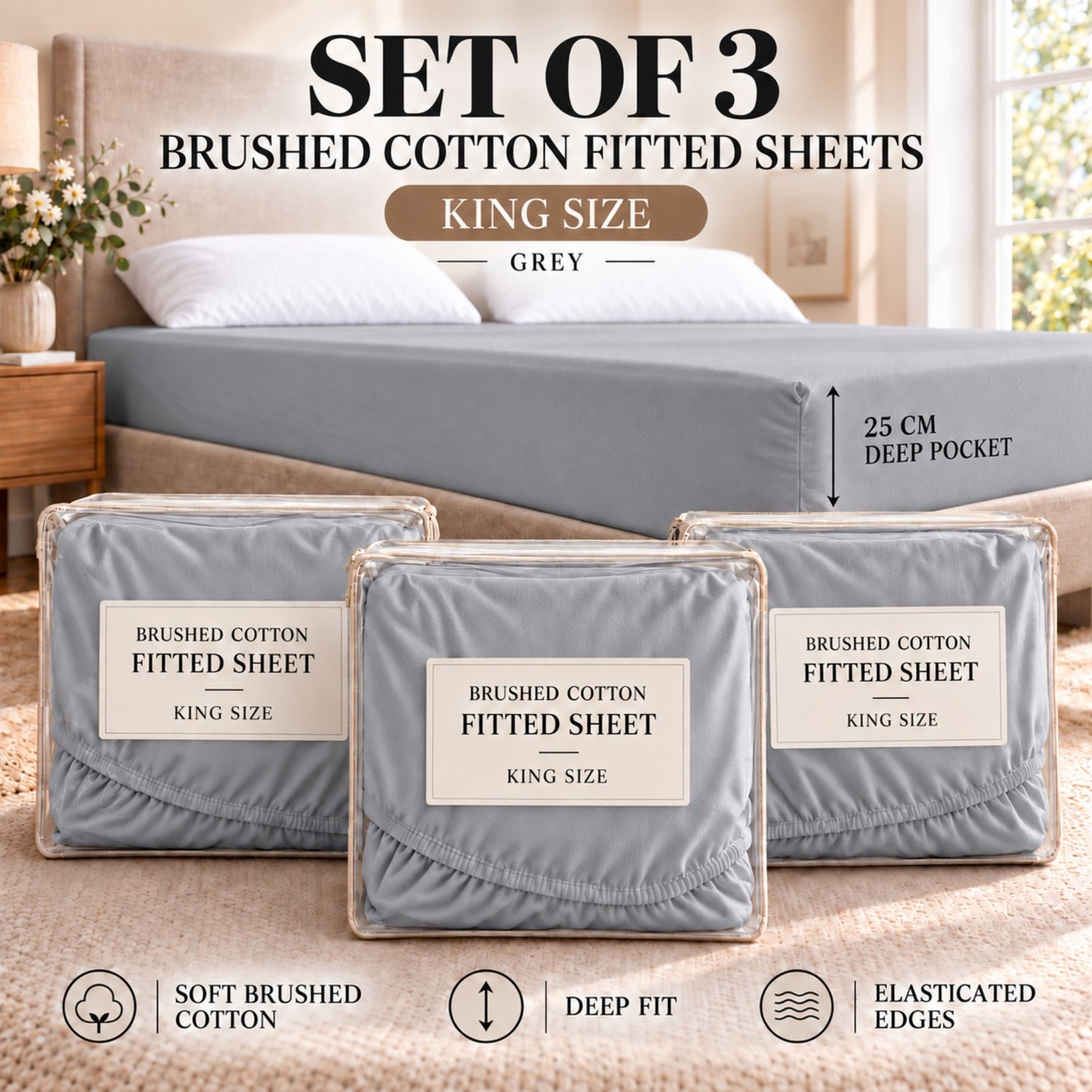 2 3 Pack Brushed Cotton Fitted Sheets - Silver / Grey