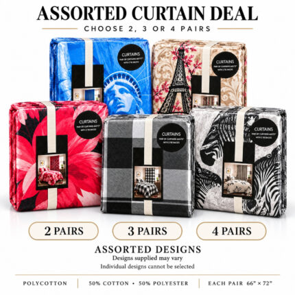 Assorted Polycotton Curtains Set Deal – 66″ x 72″ – Mixed Prints & Designs