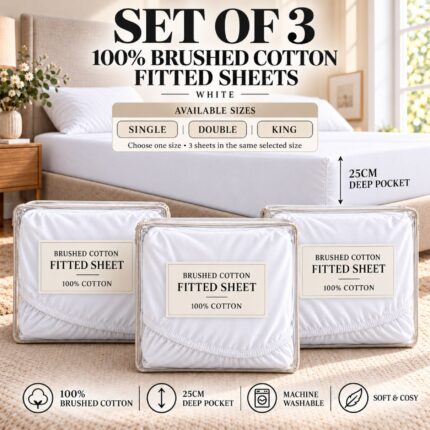 3 Pack Brushed Cotton Fitted Sheets – White