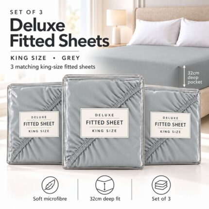 Set of 3 King 32cm Deep Deluxe Fitted Sheet – Grey