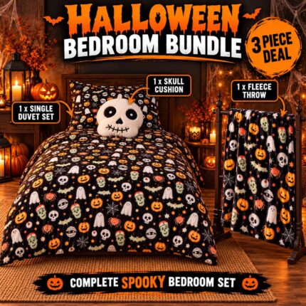 3 Piece Halloween Bedding WOW DEAL – Single Duvet Set + Fleece Throw + Skull Cushion