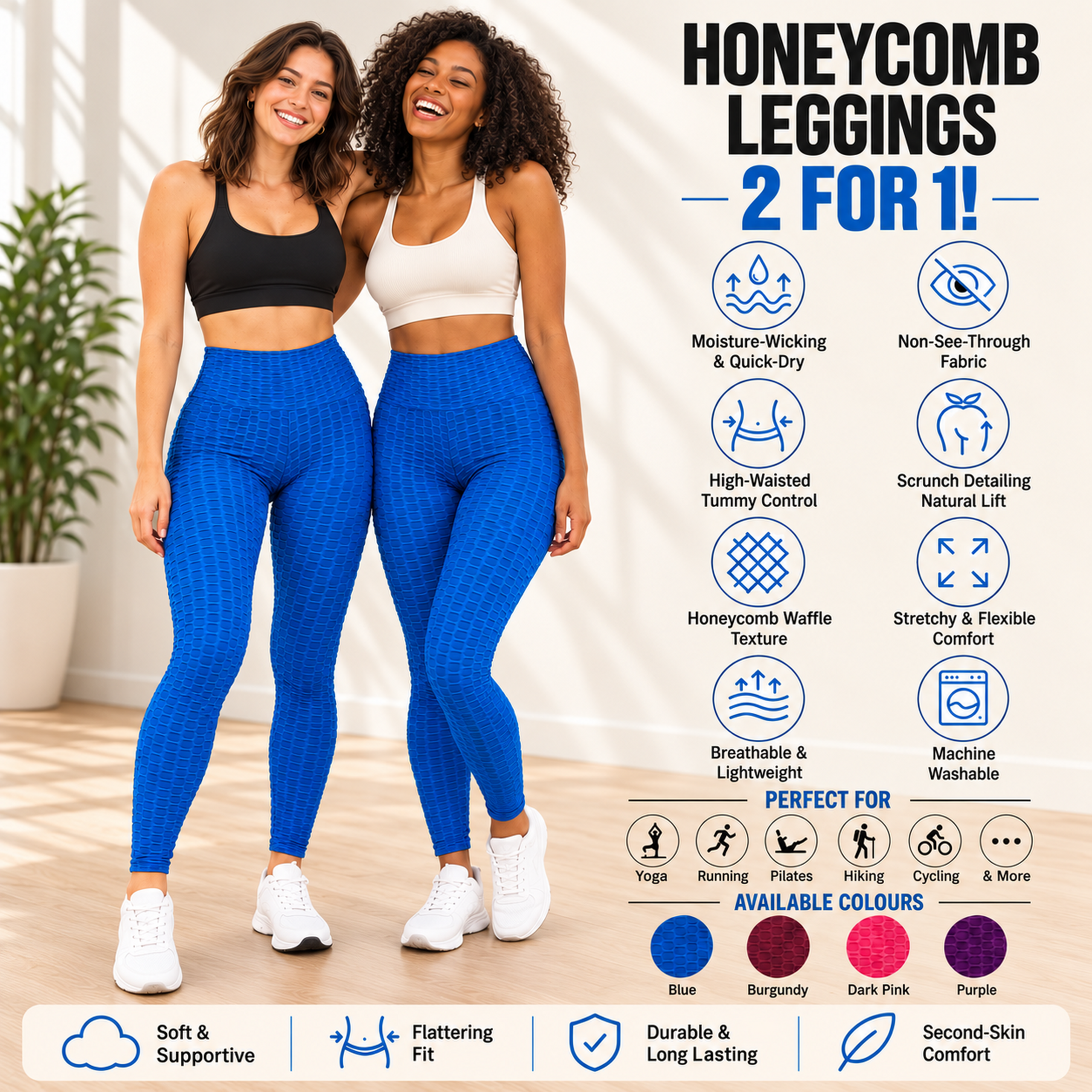 Honeycomb_Blue_4K Ladies Honeycomb Twin Pack Leggings - Blue
