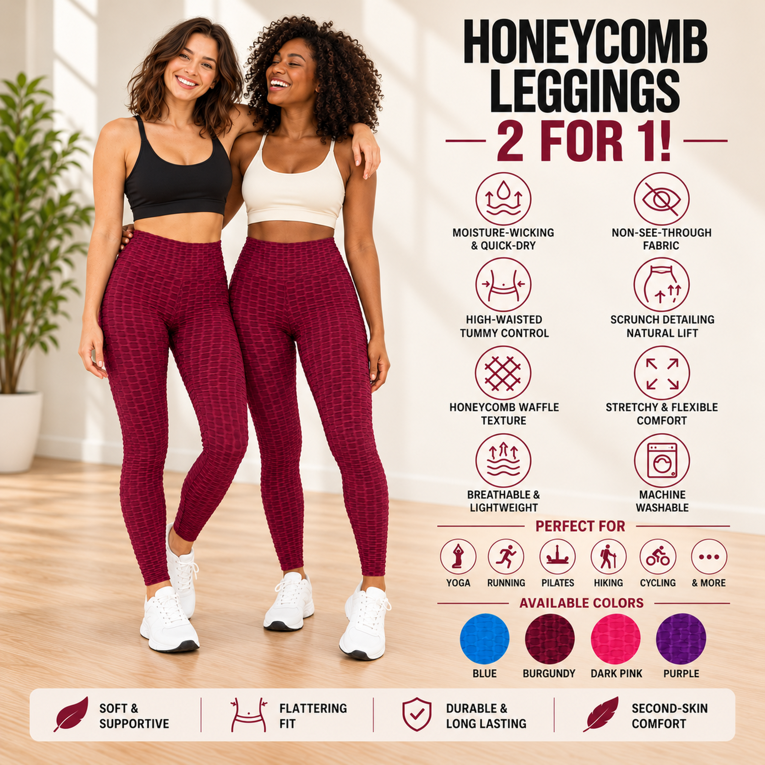 Honeycomb_Burgundy_4K Ladies Honeycomb Twin Pack Leggings - Burgundy
